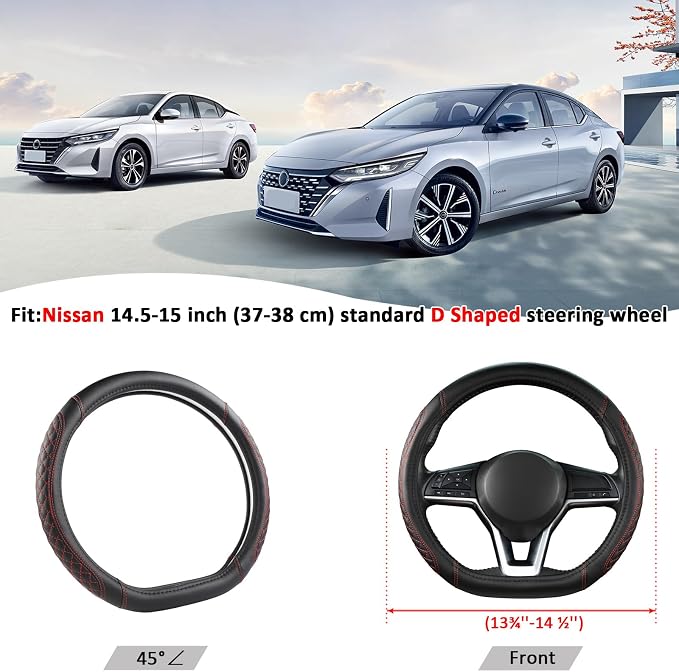 Flat Bottom Car Steering Wheel Cover for Nissan,D Shaped Steering Wheel Cover for Rogue,Altima,Kicks (Diamond Quilted-Black+Red-Standard Size)