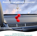 Bling Diamond Heart Interior Accessories, Mirror Hanging Ornament for Women, Love Heart & Pink Plush Ball Decor Pendant, Car Decoration Charm (Red)