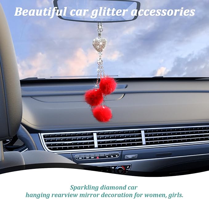 Bling Diamond Heart Interior Accessories, Mirror Hanging Ornament for Women, Love Heart & Pink Plush Ball Decor Pendant, Car Decoration Charm (Red)