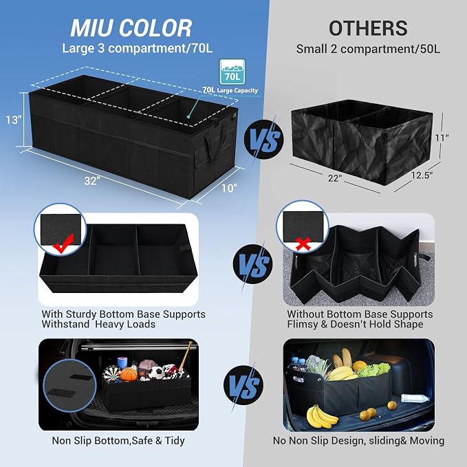 Trunk Organizer for Car, Car Organizer, 12 Pockets Trunk Organizer for SUV, Durable Oxford, Non-Slip Bottom, Trunk Storage Organizer for Sedans, Van, Jeep, Grocery, Large 3 Compartments