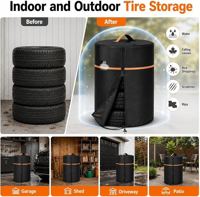 Tire Covers,Heavy Duty 420D Tire Cover for Storage with Waterproof Zipper and Handle Easy to Put on,All Season Protection,Large Car Wheel Cover for Jeep,Truck,SUV,Trailer & RV(Within 28 Inch Diameter)