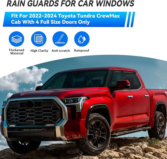 4pcs Smoke Tint Sun Rain Guard Vent Window Visors Compatible with 2022-2025 Toyota Tundra CrewMax Cab with 4 Full Size Doors, Outside Mount Tape On Style Acrylic Set of 4 Front+Rear