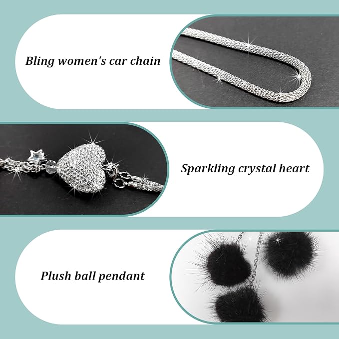 Bling Diamond Heart Car Interior Accessories - Heart & Pink Plush Ball Decor Ornament Pendant, Mirror Hanging Decoration Charm (Black)