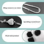 Bling Diamond Heart Car Interior Accessories - Heart & Pink Plush Ball Decor Ornament Pendant, Mirror Hanging Decoration Charm (Black)