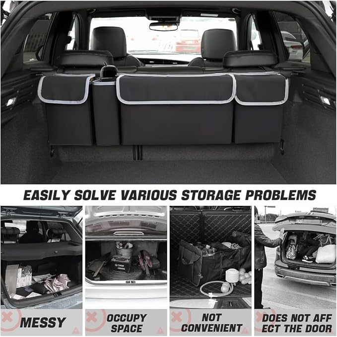Car Trunk Organizer, Backseat Hanging Large Storage with Adjustable Straps, Waterproof Collapsible Cargo Bag with 4 Pockets, Sturdy Space Saver Frees Trunk Floor for SUV, Truck, MPV