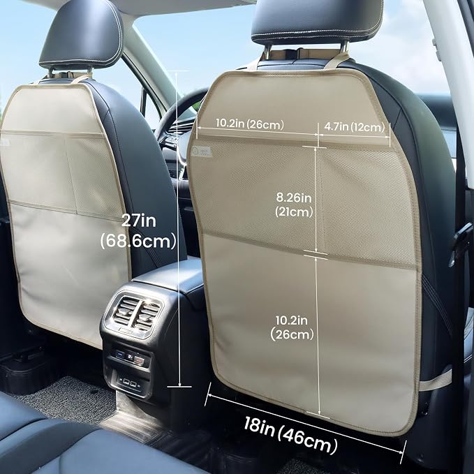 Car Seat Protector Large Kick Mat 2 Pack Durable Water Resistant Auto Seat Back Covers with 2 Mesh Pockets Protection Against Dust Mud Scratches (Beige-A, 2-Pack)