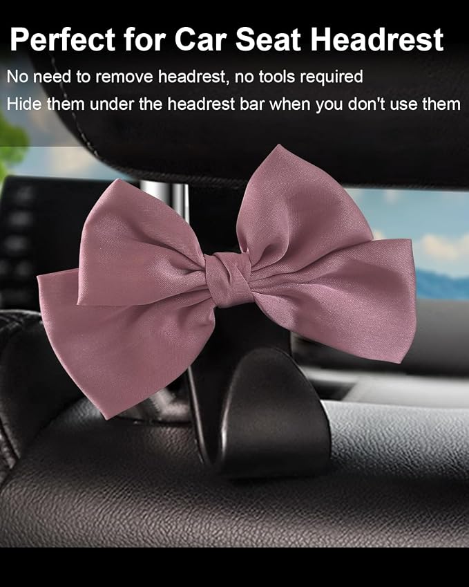 2 Pack Car Purse Holder for Handbags and Bags, Headrest Back Seat Hooks for Cars, Car Bag Hanger for Groceries, Coats, Umbrellas and Daily Essentials, Bow-Shaped Car Interior Organizer (Leather pink)
