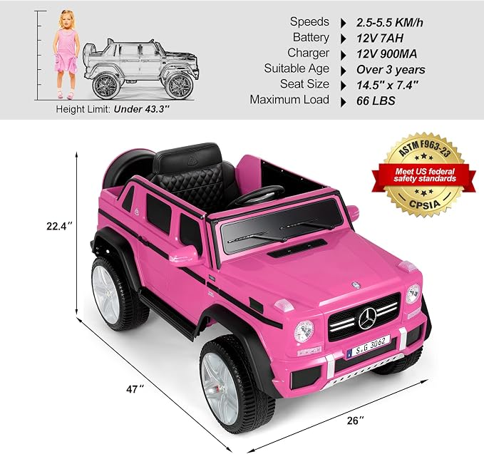 Ride On Cars, Licensed Mercedes-Benz Maybach G650S, 12V7AH Battery Powered Toy Electric Car for Kids W/LED Underglow Lights,Remote Control, 2 Motors, 3 Speeds, Music, Bluetooth,Horn, Rose Pink