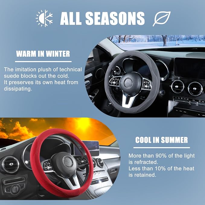 Red Suede D Shaped Steering Wheel Cover, Breathable Non-Slip Sweat-Proof Wear-Resistant No Pilling, Warm in Winter and Cool in Summer, Universal 15 inch