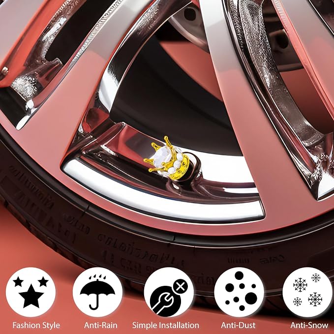 4PCS Crown Bling Tire Stem Valve Caps, Crystal Diamond Car Wheel Tire Valve Caps Universal Copper Core Stem Covers for Cars, SUV, Trucks, Bikes, Motorcycles, Bicycles (Gold & Silver)