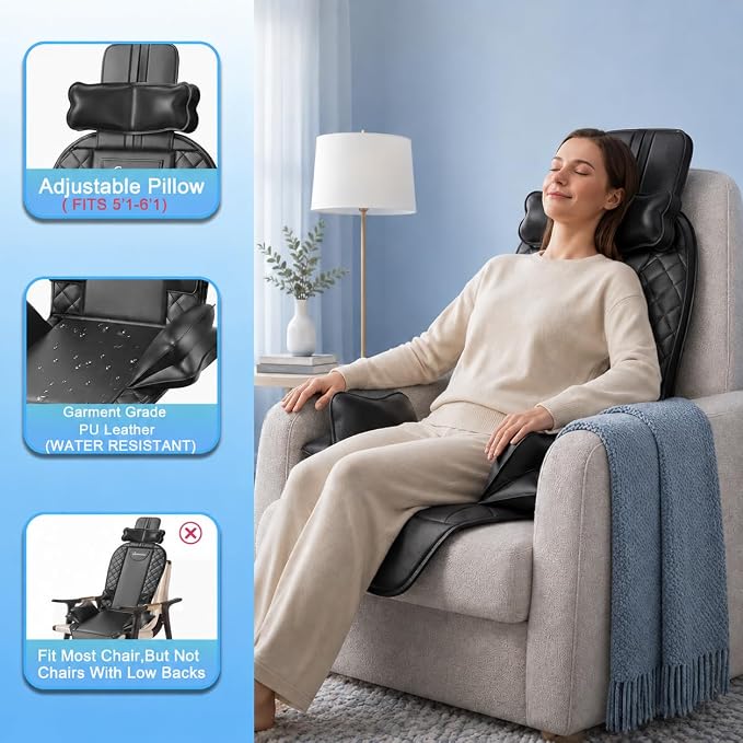 Back Massager with Heat & Traction & Vibration, Seat Massager Pad for Pain Relief Deep Tissue, Lumbar Traction, PU Leather, Foldable, for 5’ to 6’1”, Massage Chair Pad for Office Home