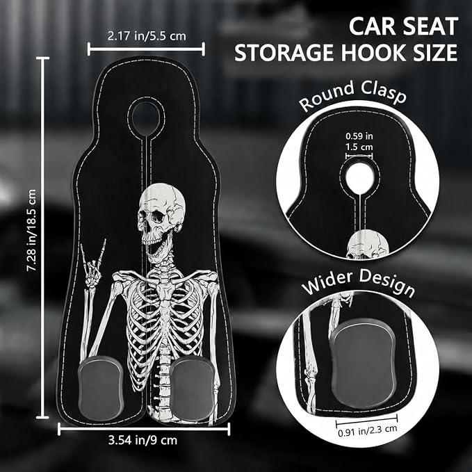 Cute Skull Skeleton Car Seat Back Storage Headrest Hooks for Purses & Bags – 2PCS PU Leather Dual Metal Hooks, Backseat Organizer Accessories
