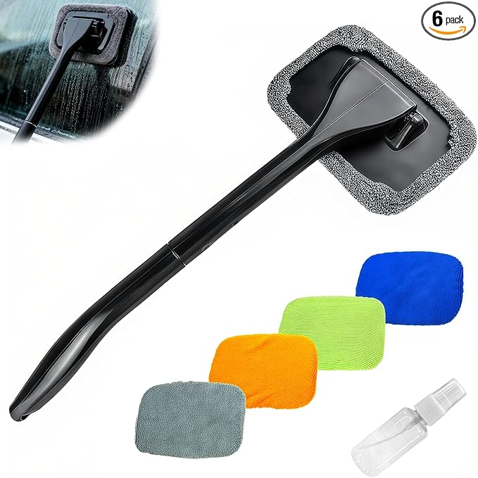Car Windshield Cleaner Tool, Microfiber Windshield Cleaning Tool with 4 Soft Pads Rotatable Head Cleaning Kit Spray Bottle, Car Accessories Auto Glass Cleaner for Windows