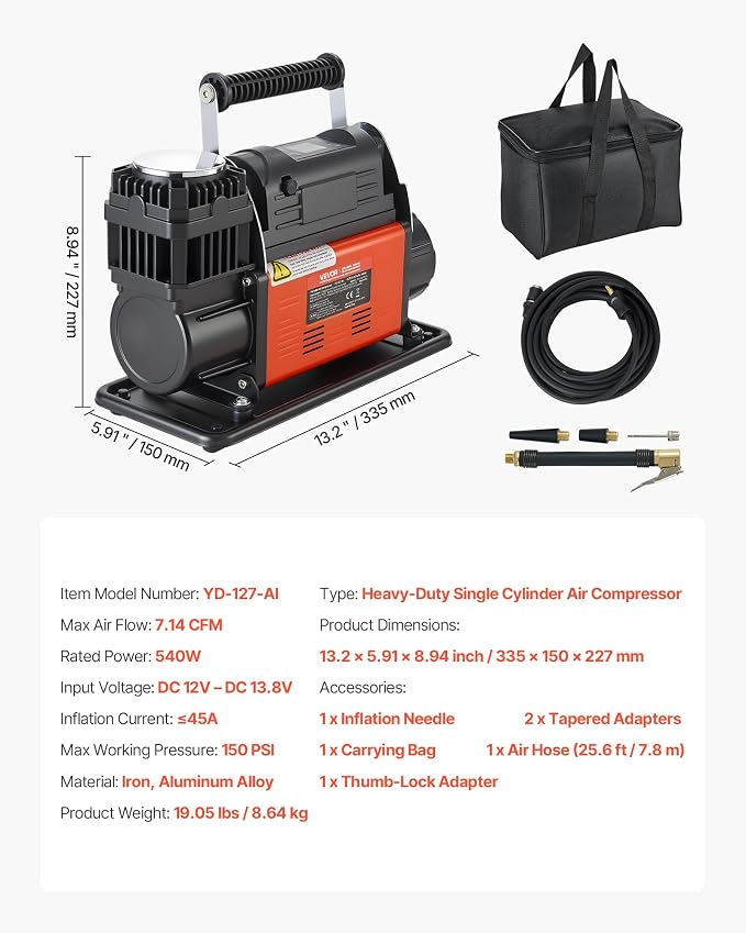 12V Heavy Duty Air Compressor, Auto-Stop Portable Tire Inflator with LCD Digital Display, 7.14 CFM 150PSI Offroad Air Pump with Adapters for Trucks Car SUV 4 x 4 Vehicle RV