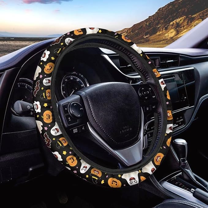 Elastic Steering Wheel Cover Non-Slip Steering Wheel Protection | Ghost Pumpkin Print, Halloween Decor, Steering Wheel Protector No Smell Fashion Machine Washable Universal