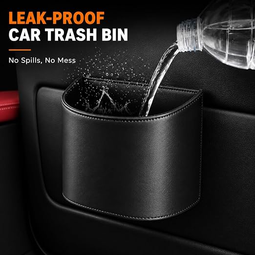 Leather Car Trash Can – Leakproof & Easy-to-Clean Car Garbage Can for Luxury Cars, SUVs & Trucks | Includes 60 Custom Liners, Secure Hook, Easy Install, Black