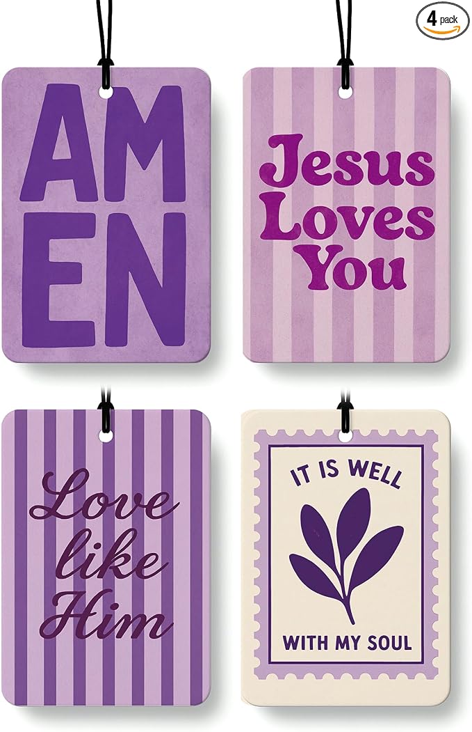 Purple Boho Christian Car Air Freshener 4 Pcs for Women Girls | Religious Car Accessories Mirror Decor, Purple Christian Hanging Air Freshener for Cars Closet Drawer Books