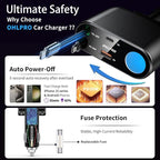 Retractable Car Charger Cigarette Lighter Adapter, 168W 5 in 1 Fast Phone Charging Built-in Replaceable Fuse, Socket Splitter with USB C and USB C Cord, Fit for Phone iPad Galaxy GPS, Grey