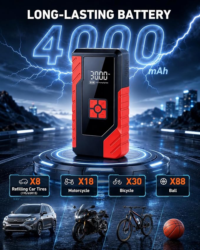 Tire Inflator Portable Air Compressor, 150PSI Digital CordlessTire Inflator with Auto Shut-Off, LED Light & USB Power Bank, for Car SUV Motorcycle Bicycle Balls