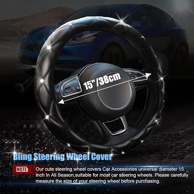 Black Steering Wheel Cover 2026, Auto Cute Girly Diamond Bling Comfort Leather Car Interior Accessories Protector Sparkly Automotive Decoration for Women Men