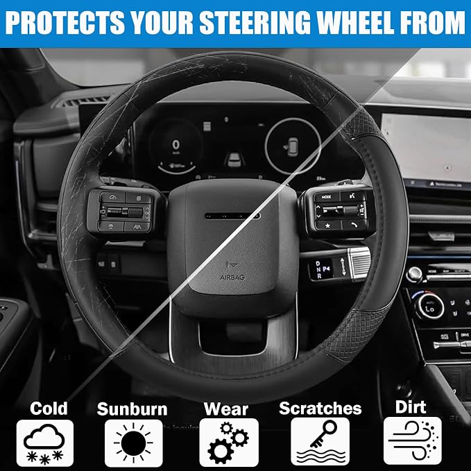 Auto Car Steering Wheel Cover for Hyundai,Tucson,Sonata,Elantra,Santa Fe,Genesis,Sonata Hybrid,Azera,Venue,Kona, 14.5-15 inches(Black-Standard Size)