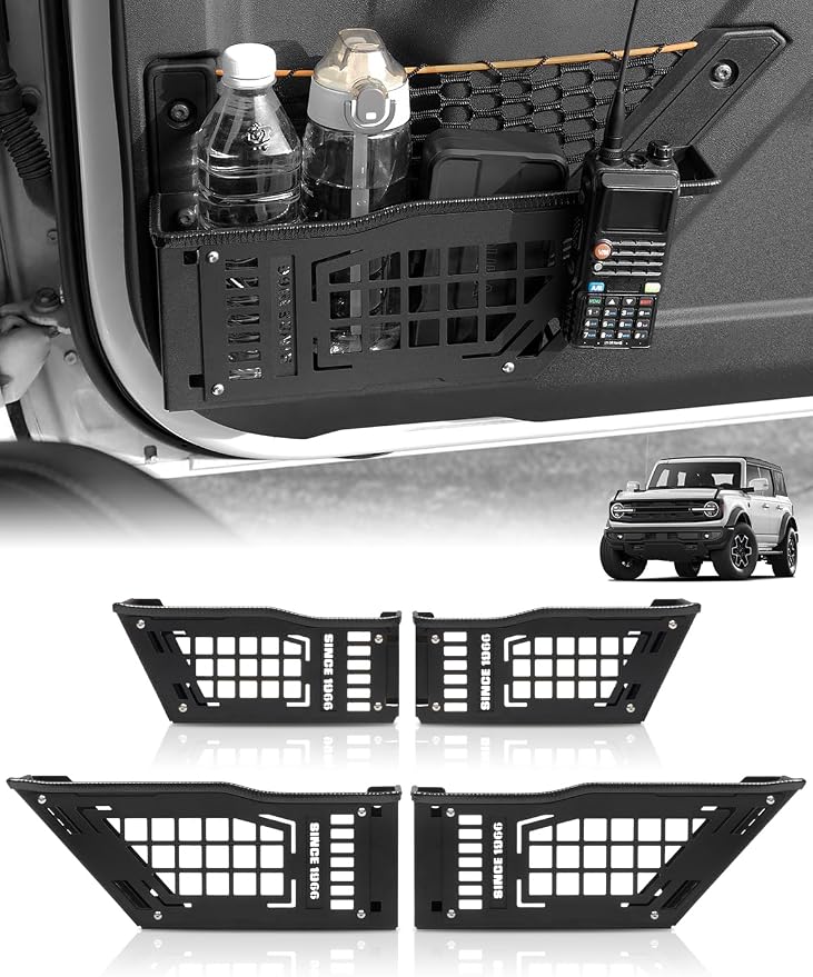 20% Larger Capacity Stamped Steel Bronco Door Storage Pockets with Hidden Internal Screws for Ford Bronco 2021-2026 4-Door, Skeletonized Metal Front & Rear Door Cup Holder Organizer Box（4PCS）