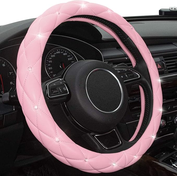 Pink Steering Wheel Cover, Diamond Leather Bling Steering Wheel Cover, Anti-Slip Steering Wheel Protector with Crystal Rhinestones for Women and Girl Fit 14.5-15 inch