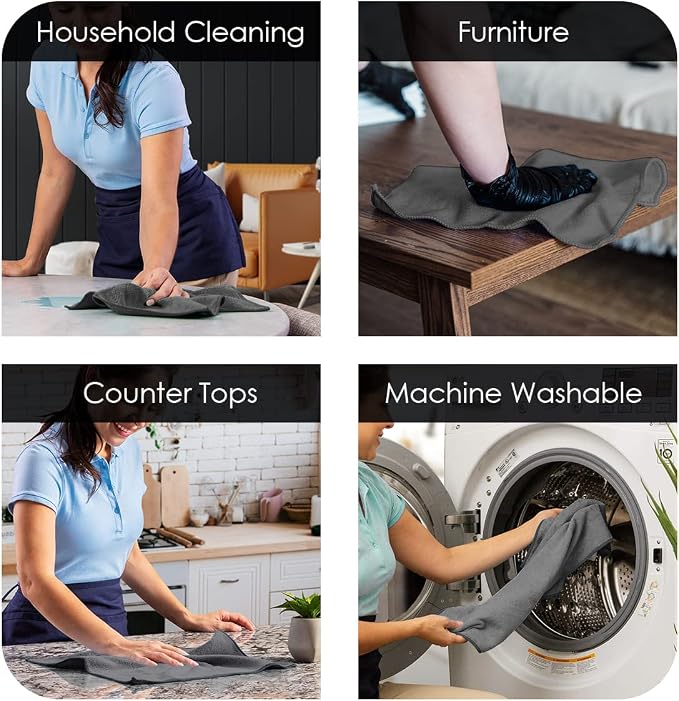 Microfiber Cleaning Cloths (Value Pack of 12) - Size 12 x 12 Inches, Highly Absorbent Cleaning Rags, Lint Free, Reusable and Washable, Microfiber Towels for Cars