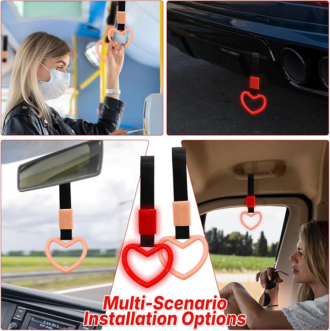 2 Pcs Heart Shaped Car Handle Strap – Drift Charm Rear Bumper Warning Ring Decor for Car Interior Exterior, Subway Bus Handle Accessory, Cute Heart Car Decor Gift for Women & Men (Luminous Red)