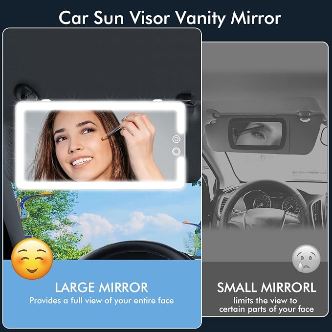 Car Sun Visor Vanity Mirror with Lights, Rechargeable LED Car Visor Makeup Mirror with 3 Color Dimmable Lights - Universal Accessories for Cars, SUVs, Trucks (White)
