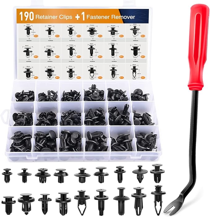 190 Pcs Car Retainer Clips & Fastener Remover - 18 Most Popular Sizes & Applications Auto Push Pin Rivets Set -Door Trim Panel Clips for Toyota, Honda, Nissan, Mazda - Bonus Fastener Remover