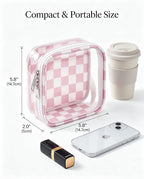 Preppy Clear Makeup Bag Travel Cosmetic Case Transparent Pink and Beige Checkered Toiletry Bag with Zipper,Portable Make Up Organizer Traveling Compact Pink Car Essentials for Girls