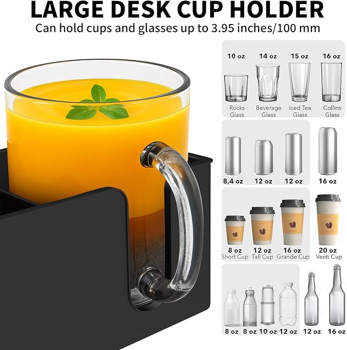 3-in-1 Desk Organizer - Large Desk Cup Holder Clamp, Pencil Holder and Phone Stand - Detachable Anti-Spill Table Cup Holder, Office & PC Gaming Desk Accessories for Cup, Phone and Pen (Black)