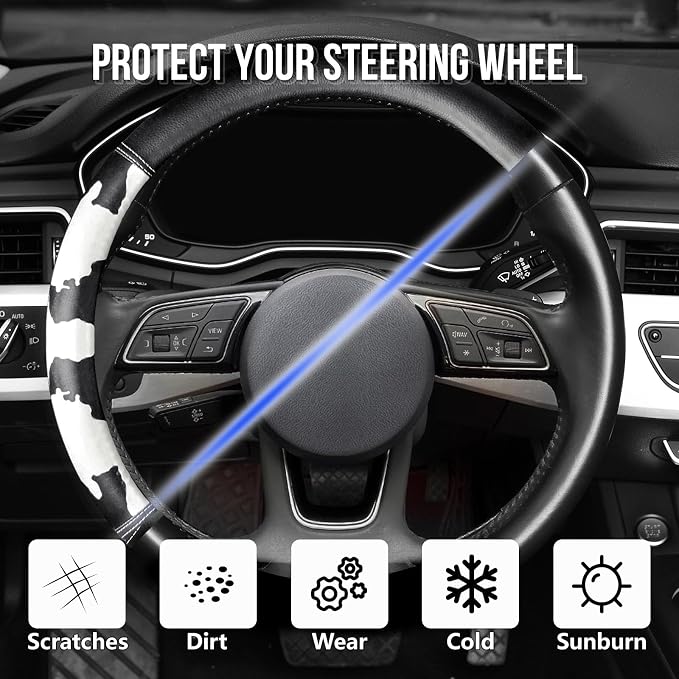 Cow Print Steering Wheel Cover, D Shaped Car Wheel Cover Microfiber Leather 14 1/2-15 in (37-39 cm)