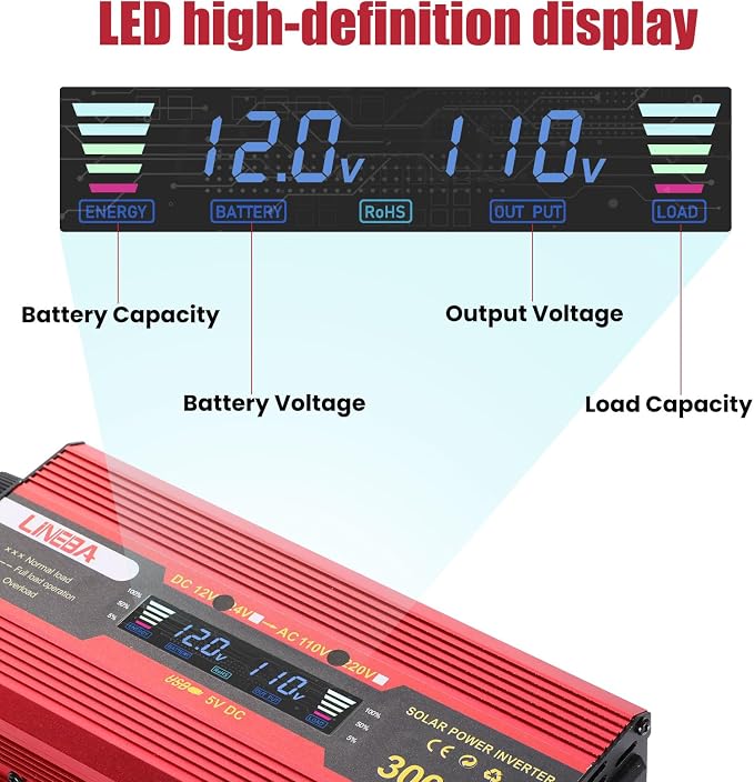 3000 Watt Power Inverter with LED Display,Dual AC Outlets,USB Port, 12V DC to 110V AC Converter Car Power Inverter for Vehicles, Car, RV, Truck, Off Grid Solar System, Outdoor Camping