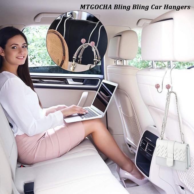 Bling Purse Hook for Car Headrest, Upgraded Cute Car Seat Hooks for Bag Handbag, Durable Stainless Auto Purse Hanger Holder 2 Pack, Pink