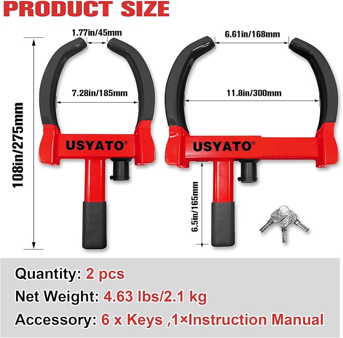 2Pcs Universal Heavy Duty Wheel Lock - Anti Theft Trailer Lock & Car Boot, Adjustable Security Tire 11.4" for Trailers, Cars, Golf Cart, ATV, SUV, RV, Boat, Camper, Motorcycle,6 Keys,Red+Black