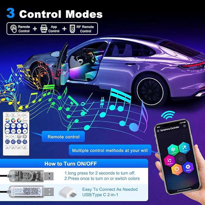 Dreamcolor Acrylic Interior Car LED Strip Light with 60S Motion Sensor Switch &USB Hub, 55.1 inches Neon LED Strip Light, RGB Colors Ambient Lighting Kits