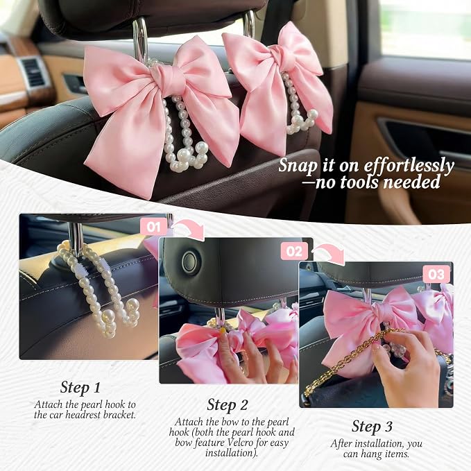 2PCS Satin Bow Pearl Car Seat Headrest Hooks – Car Bag Holder & Vehicle Hanger for Purses – Cute Coquette Aesthetic Interior Decoration – Cute Auto Organizer Accessories Universal (Pink)