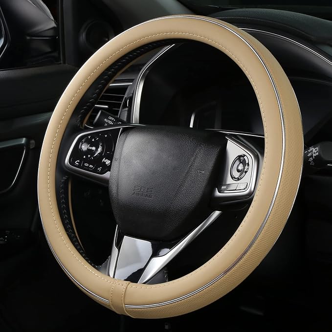 Buff Leather Steering Wheel Cover Fiber Strip Car Steering Wheel Cover Universal 15 inch