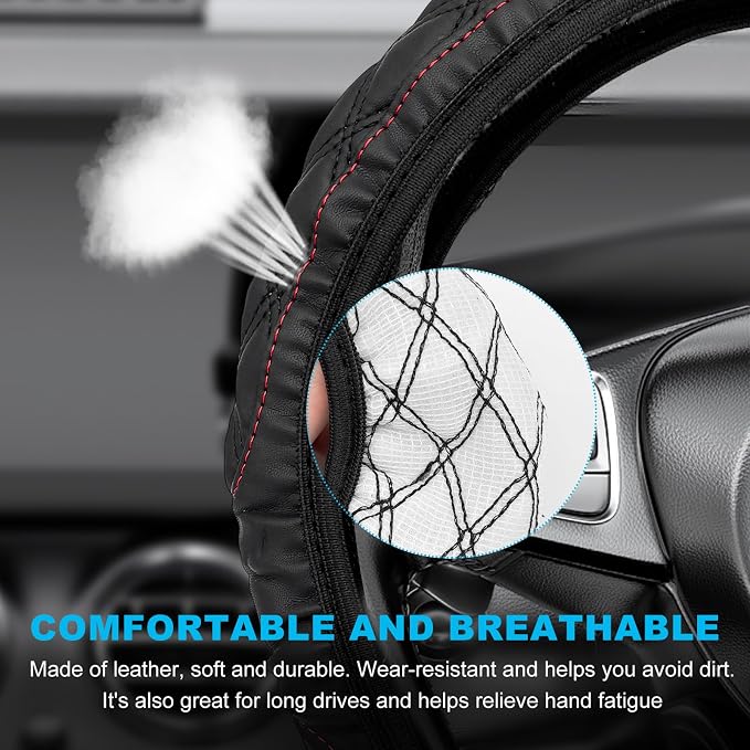 Car Steering Wheel Cover, 15 Inches Non-Slip Leather Steering Wheel Protector, Universal Soft Cover Mats for Car Truck SUV, Interior Car Accessories (Black)