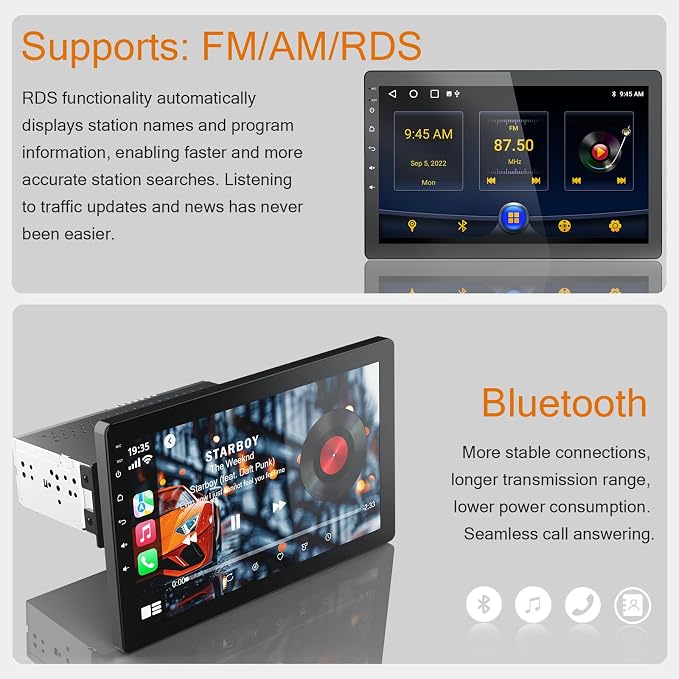 10.1 Inch Single Din 360° Rotatable Car Stereo,Support Wireless CarPlay and Android Auto,with 1080P Rear Camera,Mirror Link|Bluetooth|Music Play|AUX|FM/AM|SWC|RDS,Single DIN Car Stereo Radio