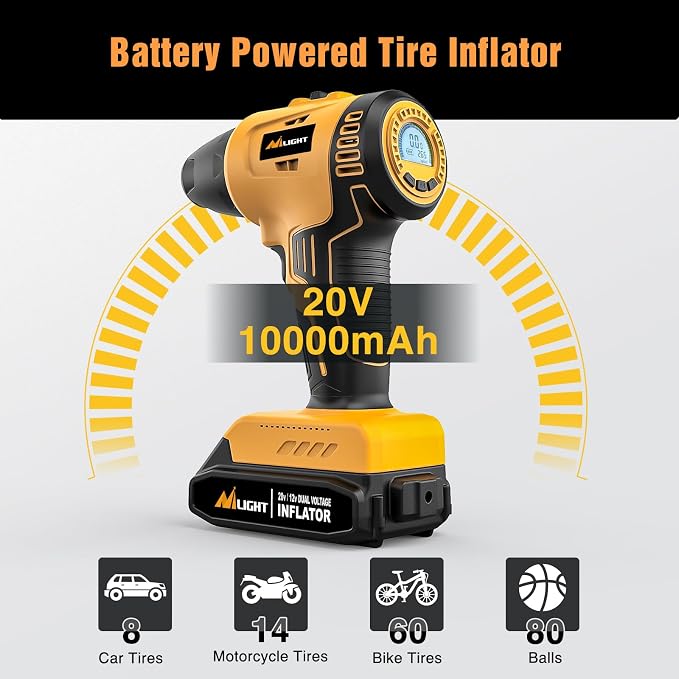 Cordless Tire Inflator Air Compressor Dual Power Supply 20V Rechargeable Battery Powered 150PSI Handheld Air Portable Pump with 12V Adapter Digital Pressure Gauge for Cars Motorcycles