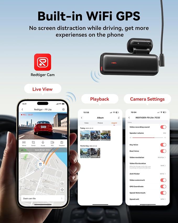 F9 Lite 4K Dash Cam Front, ADAS, Built-in WiFi APP Control Dash Camera for Cars, 2160P UHD Mini Car Dash Cam with GPS, Night Vision, G-Sensor, 24H Parking Monitor (SD Card Not Included)