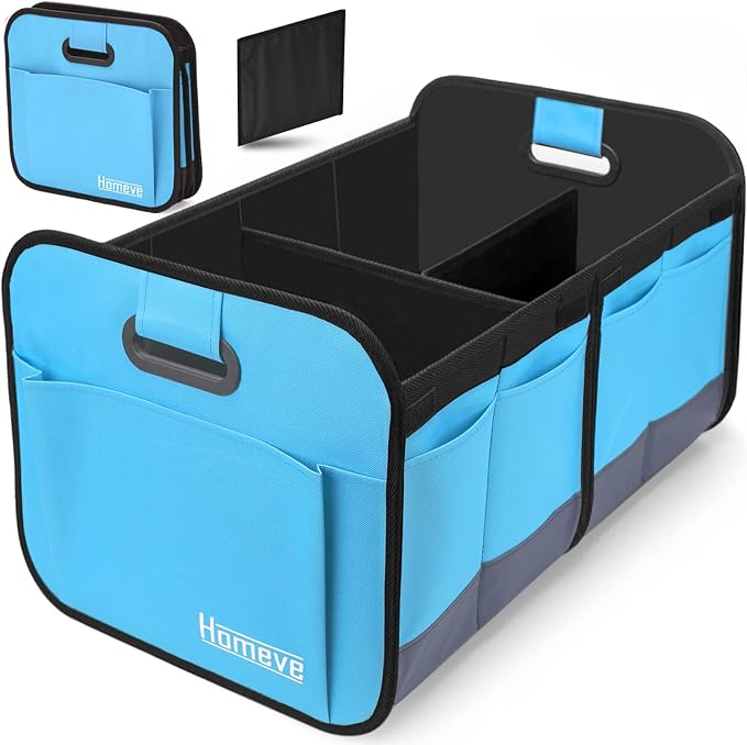 Car Trunk Organizer for SUV, 18.5Gal Large Capacity No-Sag Heavy Duty, Foldable Waterproof Anti-Slip Storage with 12 Pockets, Fit Sedan, Truck, Universal Car Accessories, Blue, 2 Compart,Large