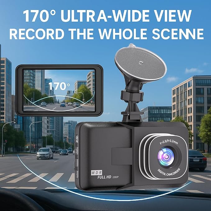 3-inch Dash Cam for Cars, 1080P HD car Camera, Wide-Angle Driving Recorder with Night Vision, Loop Recording, Video Motion Detection