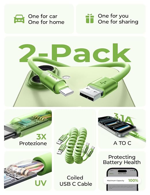 Coiled USB C Cable, 2 Pack for Android Auto & CarPlay Cable, Short USB A to USB C Cable Compatible with iPhone 17/16/15, Samsung Galaxy S25/S24/S23 A15/A14, Google Pixel 9/8, Green 4FT