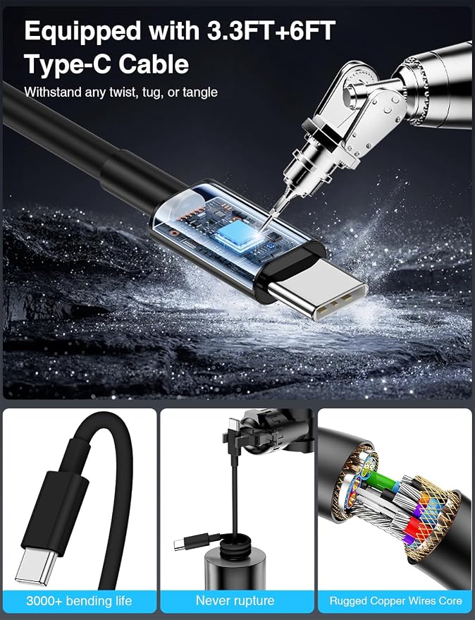 75W USB C Car Charger, 3-Port Super Fast Charging PD 3.0 & QC 3.0 Cigarette Lighter Adapter for iPhone 17/16/15 Pro Max, Samsung Galaxy S26/S25/S24 Ultra, with 4Pack 3FT+6.6FT Type C Cable