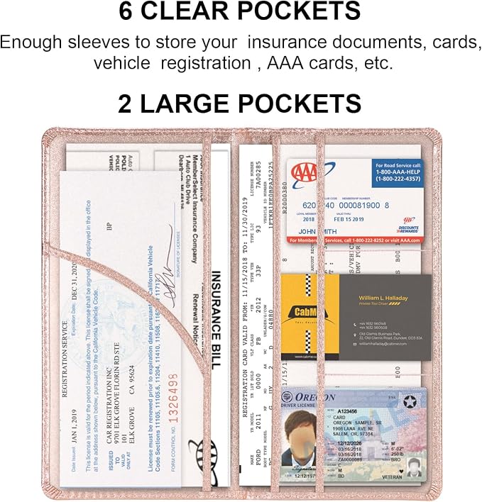 Car Registration and Insurance Holder, Car Accessories Vehicle Glove Box Car Organizer Men Women Wallet Case with Magnetic Shut for Cards, Essential Document, Driver License, Bling Rose Gold
