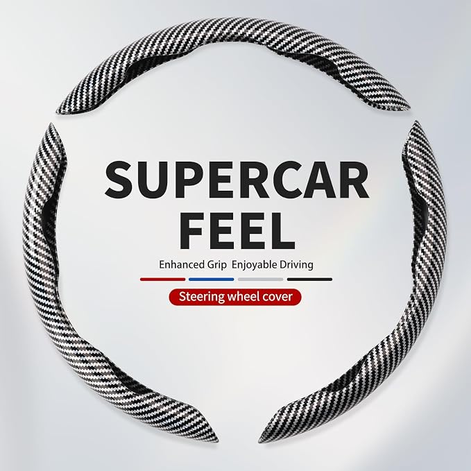 Universal Steering Wheel Cover,Carbon Fiber,3pcs Set(silver) | Clip-On Segmented Fit;Carbon Fiber Look;Fits Most 14-16 in Round or D-Shaped Wheels;Easy Wipe Clean;Non Slip;4 Colors